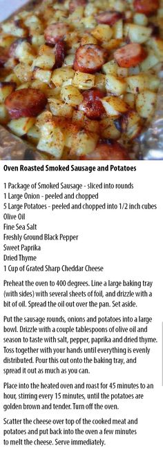 the recipe for oven baked smoked sausage and potatoes is shown in an image above it