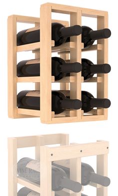 a wooden wine rack filled with bottles of wine next to a cutout for the bottle holder