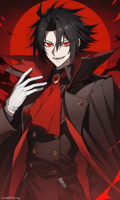 an anime character with black hair and red eyes holding his hand up to the camera