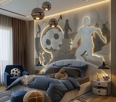 a bedroom with a soccer theme on the wall