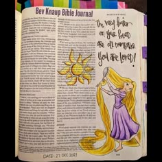 an open bible with a drawing of a girl holding a sunflower in her hand