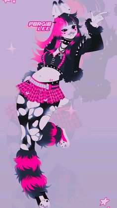 an anime character with pink hair and polka dots on her body, dancing in the air