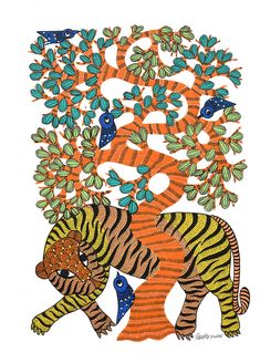 a drawing of two tigers in front of a tree