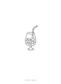 a black and white drawing of a glass with a straw in it's mouth