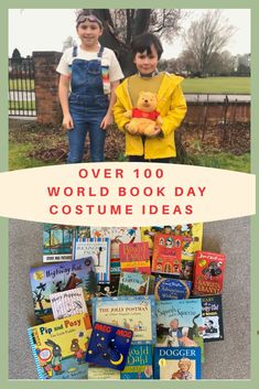 two children standing next to each other in front of a pile of books with the title over 100 world book day costume ideas