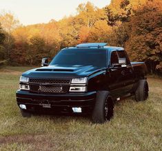 a black truck parked in the middle of a field