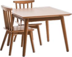 three wooden chairs and a table on a white background