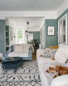 a living room filled with furniture and a dog laying on top of the couches