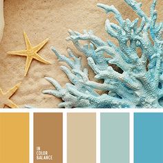 a blue and yellow color scheme with starfish