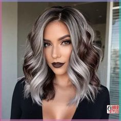 Ash Purple Balayage Gray Hair, Gray Root Balayage, Grey To Blonde Balayage, Best Hair Color For Grey Hair, Grey And Dark Hair Color, Hair Color Ideas With Grey, Reverse Ombre Grey Hair, Dark Brown With Grey Balayage, Colored Grey Hair