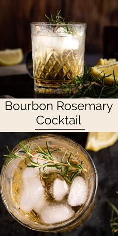 bourbon rosemary cocktail in a glass with ice and lemon wedges