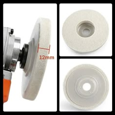 three pictures showing how to use a polisher for grinding concrete or ceramic tiles with the help of an angle guide