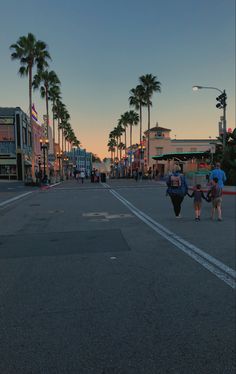 two people walking down the street in front of some palm trees at sunset or dawn