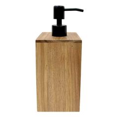 a soap dispenser made out of wood and black plastic on a white background