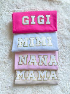 three different colored headbands with the words gigi, mimi nana mama on them