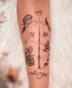 a woman's leg with tattoos on it and the words always written in cursive writing