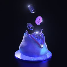 a blue hat with buttons coming out of it on a black surface and some water droplets flying around