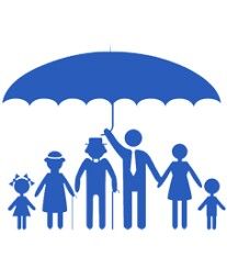 a family under an umbrella with the silhouettes of their parents and children in blue