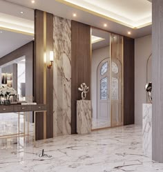 an elegant bathroom with marble floors and walls