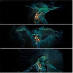 three different views of an alien creature in the dark, with their arms spread out