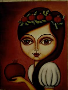 a painting of a woman holding an apple in her right hand and wearing a wreath of leaves on her head