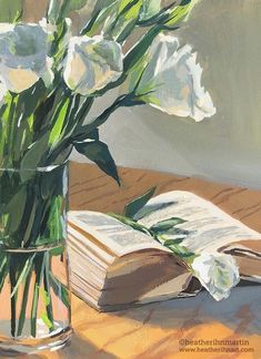 a painting of white flowers in a vase and an open book