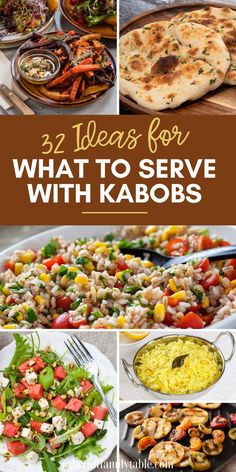 Pinterest graphic with text and collage of side dishes to serve with kabobs. Kabob Dinner Sides, Shish Kabobs Sides Dishes, Chicken Kabob Side Dishes, Chicken Kabobs Sides Dishes, What To Serve With Kabobs, Meatball Kabobs, Shrimp Side Dish, Chicken Shish Kabobs, Salmon Kabobs