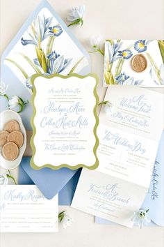 Introducing Penelope, a suite full of life through color, typography, and botanical illustration. Featuring a bright color palette of azure blue and chartreuse, an on-trend wavy edge invitation, and playful script lettering balanced by a sleek secondary typeface. Complete with color envelopes, a tri fold weekend details insert, and finished with a prosecco wax seal.