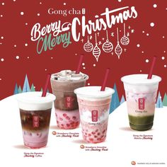 three cups of bubble tea with christmas decorations on the side and merry lettering above them