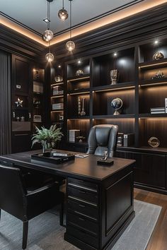 an office with dark wood cabinets and black leather chairs, built in shelvings