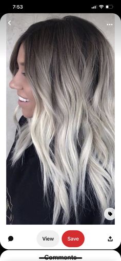 Ombre Hair Color Platinum Blonde, Grey Blonde With Dark Roots, Hair Styles2023 Trends, Root Melt Silver Hair, Dark Blonde And Gray Hair, White Hair Grown Out Roots, Smokey Platinum Blonde Hair, Platinum Ash Blonde Balayage, Ombre Hair Platinum Blonde