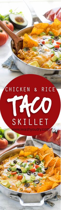 the chicken and rice taco skillet is ready to be eaten