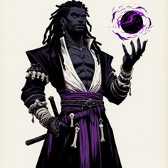 a drawing of a man with dreadlocks holding a purple ball in his hand