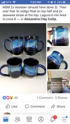 the blue and white coffee mugs are being displayed on facebook