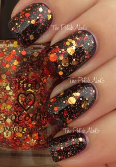 Chaos & Crocodiles - Fireside Nights (over black) Thanksgiving Nail Art, Thanksgiving Nails, Fall Nail Art, Halloween Nail Art, Harvest Moon, Autumn Nails, Crocodiles, Creative Nails