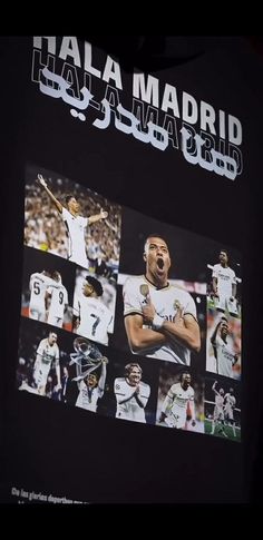 an advertisement for the soccer team has been placed in front of a black background with images of players