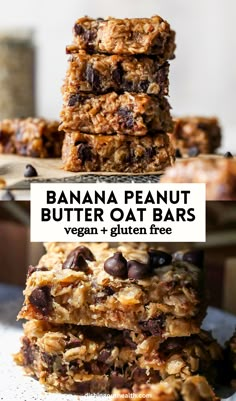 banana peanut butter oat bars stacked on top of each other with text overlay