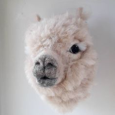 an alpaca's head hanging on the wall