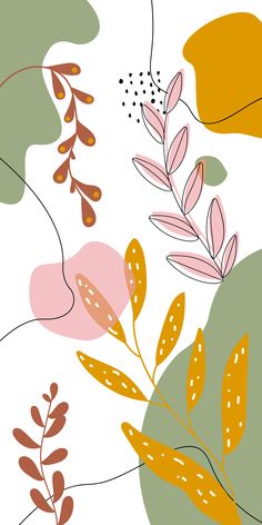 an abstract floral pattern with leaves and berries on a white background in pastel colors