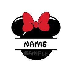 a mickey mouse head with two red bows on it's head and the words name sample