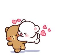 a couple of teddy bears hugging each other with hearts coming out of their mouths on a white background