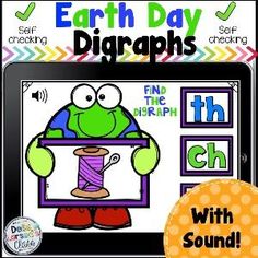 an ipad with the words boom cards earth day on it and a frog holding a spool