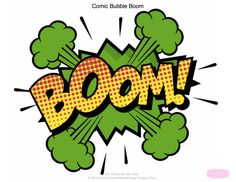 the word boom written in comic style with green and yellow dots on it's face