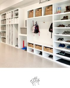 the inside of a shoe store with white shelving