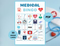 a medical bingo game is shown on a blue background