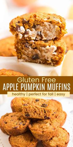 an image of pumpkin muffins stacked on top of each other with text overlay