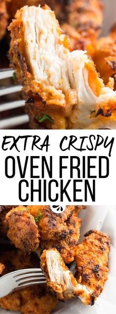 a close up of chicken on a plate with a fork and text overlay that reads extra crispy oven fried chicken