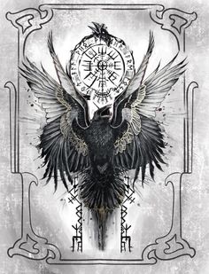 a drawing of a bird with wings and compasss on it's back, in front of a grungy background