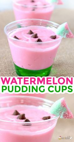 watermelon pudding cups with chocolate chips in them