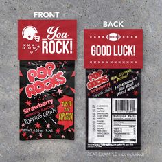 the back and side of a bag of good luck candy wrapper on concrete background